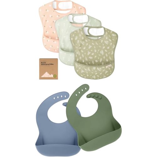 KeaBabies 3-Pack Waterproof Baby Bibs for Eating and 2-Pack Baby Silicone Bibs - Lightweight Baby Bib with Food Catcher - Waterproof, Easy Wipe Silicone Bib for Babies, Toddlers