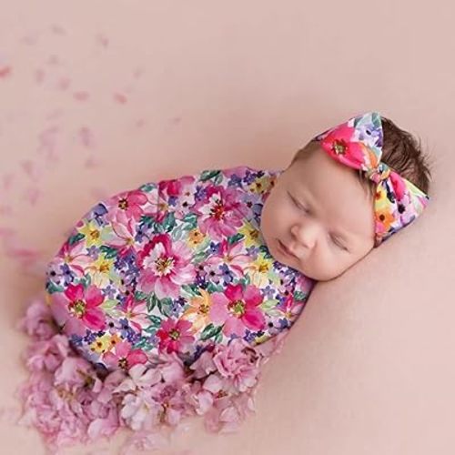 Receiving Blankets for Baby Girls Swaddle Blanket with Headband Set for 0-3 Month Cotton Knitted Newborn Swaddle Wrap Perfect Shower Gift (Rose Flower)