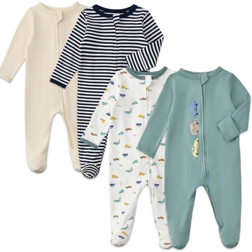 Aablexema Baby Footed Sleepers Double Zipper Pjs(Stripe Vehicle Set,0-3m)