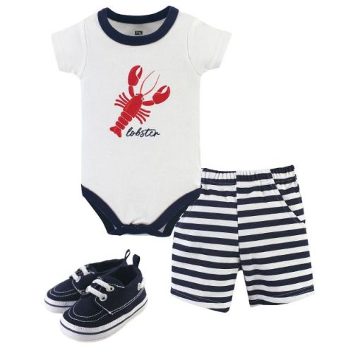 Hudson Baby Infant Boy Cotton Bodysuit, Shorts and Shoe 3pc Set, Lobster, 12-18 Months