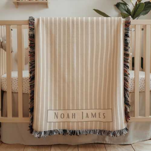 Personalized baby name blanket neutral stripes baby room decor