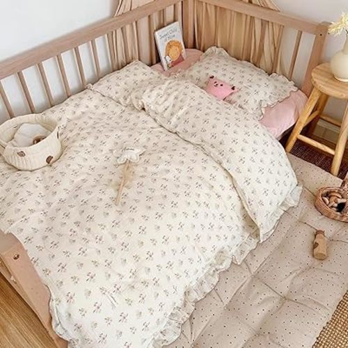 BuLuTu Muslin Cotton Toddler Duvet Cover Soft Double Layers Gauze Bedding Duvet Covers for Toddler Girls Kids Quilt Cover, 47"x59", Azalea Print (No Pillow Cases)