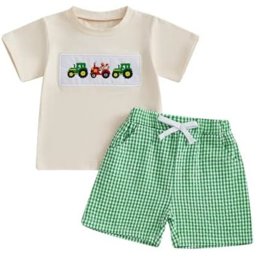 Toddler Baby Boy Farm Clothes Western Farm Chicken/Tractor Embroidery Shirt Gingham Short Farm Animal Stuff Outfit