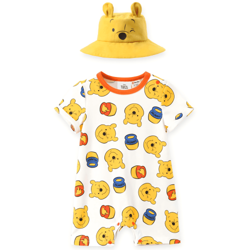 Disney Winnie the Pooh Baby Boys Girls Graphic Short Sleeve Romper and Sun Bucket Hat Shower Gifts Set