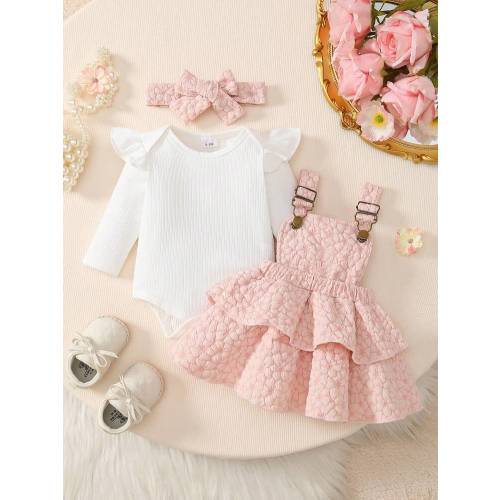 3pcs Baby Girls Set: White Ribbed Bodysuit With Flutter Sleeves, Adjustable Button Floral Layered Dress In Light Pink, And Headband | SHEIN USA