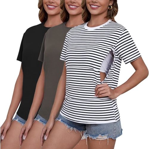 Size L Ecavus Women's 3-Pack Nursing Shirts for Breastfeeding with Hidden Zippers Loose Fit Maternity Tops