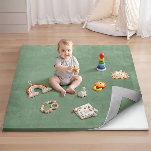 Blissful Diary Ultra Soft Baby Play Mat, 50x50 Floor Mat with Removable & Washable Slip-On Cover for Babies and Toddlers Infants, Sage Green