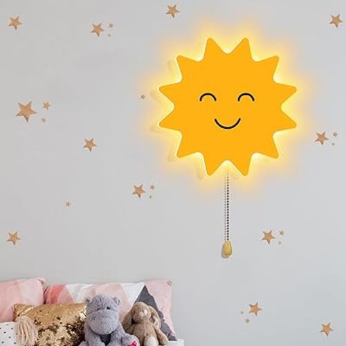 Sun Night Light Wall Lamp Sleeping Nursery Lighting Cute Floating Battery Operated Hanging Lamp for Baby Boys Girls Bedroom Room Nursery Wall Decorations