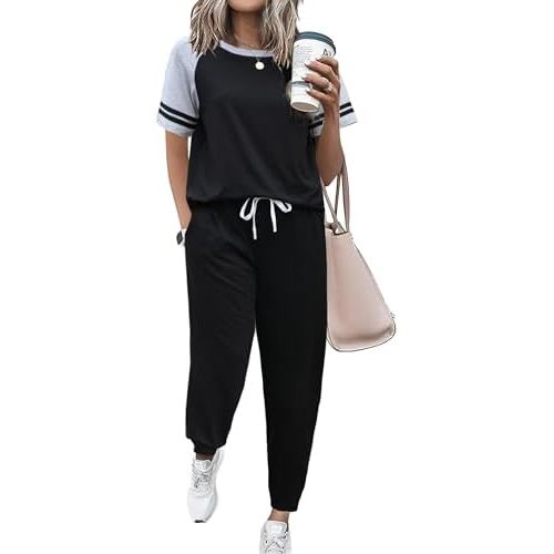 Ekouaer Lounge Sets for Women Two Piece Pajama Set Short Sleeve Crewneck Jogger Outfits and Sweatpants Tracksuit