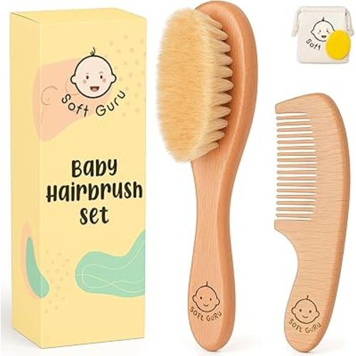 Baby Hair Brush and Comb Set for Girls and Boys – Wooden Infant Hairbrush with Soft Bristles for Newborns, Toddlers & Cradle Cap Care