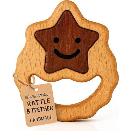 Baby Rattle 0-6 Months | Natural European Beechwood Teether | Infant Toys 6-12 Months | CPSIA Certified Baby Toys