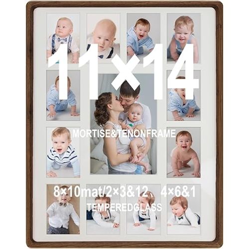 Framever 11x14 Walnut Wood Baby Keepsake Picture Frame with Real Glass and Double Mat – My First Year Collage for 12 Small Photos and 1 Large, Wall Mount or Tabletop Display
