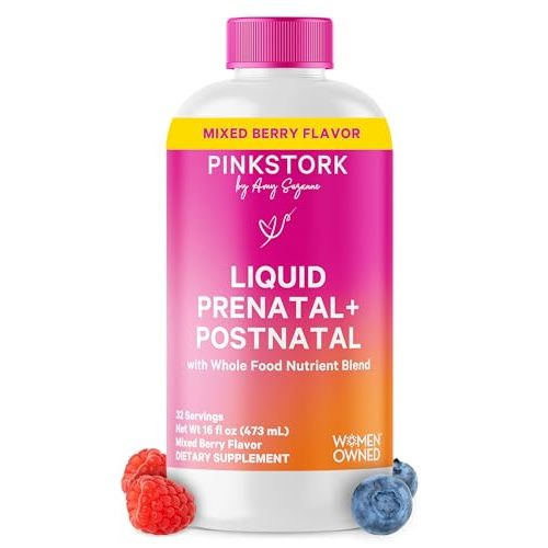 Pink Stork Liquid Prenatal Vitamins for Women - Berry Flavor Organic Food Blend - Fertility, Pregnancy, Postpartum Essentials - Morning Sickness Support - Breastfeeding & Lactation - 32 Servings
