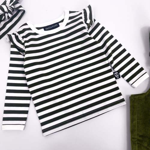 NOT SO BASIC FRILL SLEEVE OLIVE GREEN STRIPE TEE – Skeletots