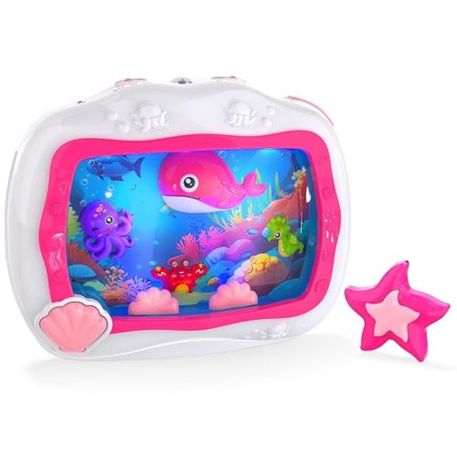 Baby Aquarium Toy, Sleep Soother Musical Infant Toys, Tummy Time Toys & Crib Toy, Sea Animal Sensory Dream Soother for Newborn 0-6 Months, with Light & Soothing Sound for Crib & Car Seat Travel (Pink)