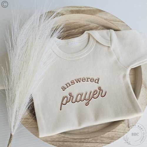 Embroidered Answered Prayer Onesies® Brand, for Babies, Personalized Baby Onesies® Custom Natural Neutral Onesie® Christian, Religious 1045