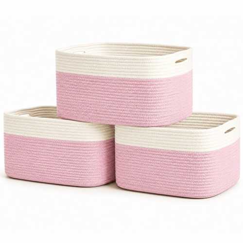 OrganiHaus Rope Storage Baskets Set of 3, Nursery Decor Organizer, 15x10x9in - Pink