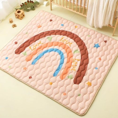 Viviland Baby Mats for Floor, 50x50 Inch Playpen Mat, Soft Playmat for Baby and Toddlers, Non-Slip & Machine Washable, Brown Rainbow