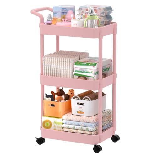 Volnamal Diaper Caddy - Plastic Diaper Organizer for Nursery Essentials, Baby Organizers and Storage, Movable Cart for Changing Table & Crib, Baby Registry Search, Pink