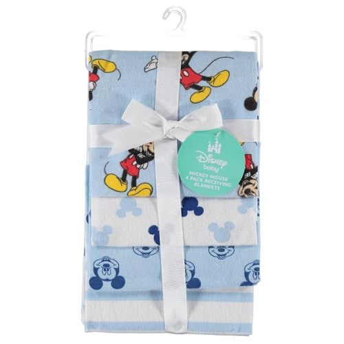 Disney Baby 4-Pack Receiving Blankets — 100% Cotton Flannel, 28" x 28" — Available in Mickey, Minnie, Pooh, Stitch or Angel — Soft Swaddle, Burp & Stroller Blankets — Gift-Ready with Ribbon Bow