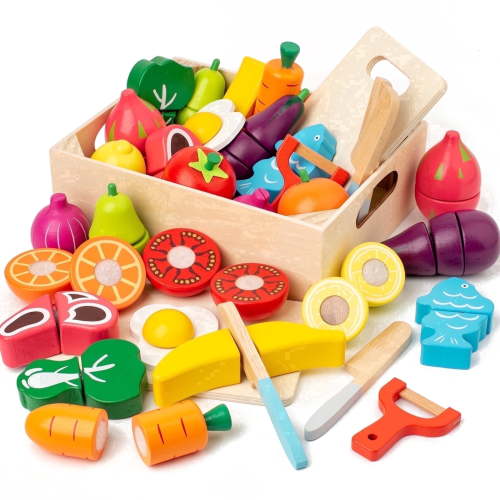 BUSY EDITION Wooden Play Food Set 32 Pieces Pretend Kitchen Cutting Toys for Toddlers Ages 3 and Up