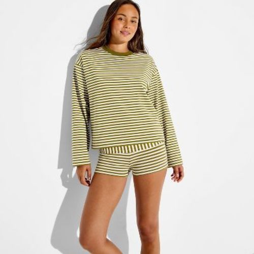 Women's Oversized Long Sleeve Roundneck T-Shirt - Wild Fable™ Olive Green Striped L
