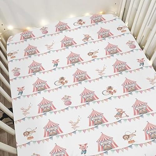 Watercolor Circus Animals Baby Crib Sheets for Boy Girl 28"x52" Lion Elephant Bear Bunny Pig Soft Snug Fitted Crib Mattress Cover Zoo Circus Party Tent Baby Sheet for Standard Crib & Toddler Mattress