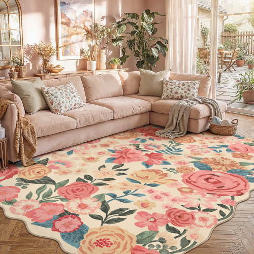 BERTHMEER 5'x7' Area Rugs for Living Room Scalloped Floral Rugs for Bedroom Non Slip Washable Carpets Oriental Flower Office Dorm Dining Room Throw Rugs, Multicolor