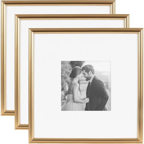 Kate and Laurel Adlynn Square Picture Frame Set of 3; 16 x 16 matted to 8 x 8; Gold; Modern Three-Piece Frame Set for Gallery Wall Frame Set in Living Room Wall Decor