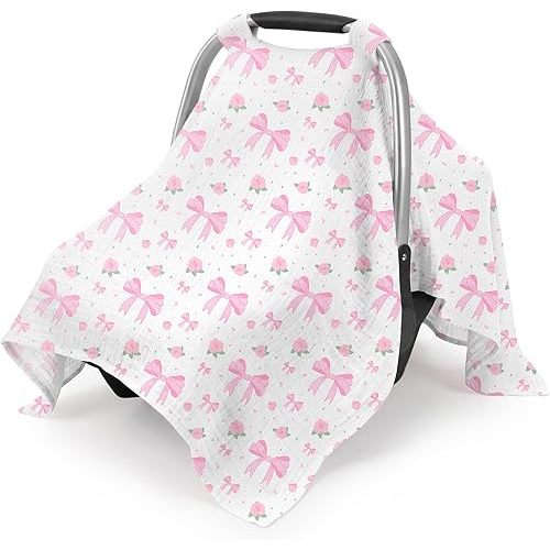 Baby Car Seat Cover, 100% Muslin Cotton Infant Car Seat Canopy Universal Carseat Cover Summer Breathable Sun Protector Canopies for Boys and Girls, Pink Bow