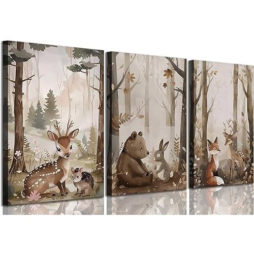 3Pcs Woodland Nursery Canvas Wall Art Cute Neutral Vintage Forest Wild Animals Bear Deer Fox Landscape Watercolor Painting Picture Wall Decor Poster Print Artwork for Baby Kids Room