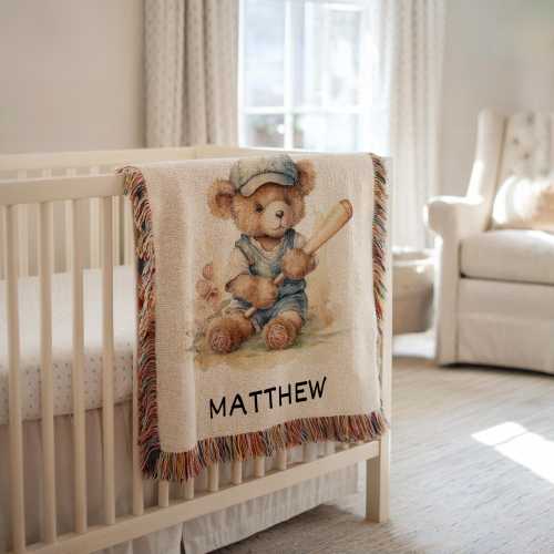 Personalized Baseball Bear Baby Blanket Baseball Nursery Decor Baby Shower Gift Custom Baseball Baby Name Blanket Boy Nursery Gift