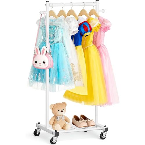 MISSLO Kids Clothing Rack for Small Space Kids Dress Up Storage with Shelf Short Baby Clothes Rack for Hanging Clothes & Dance Costumes Small Garment Rack for Closet, Wardrobe, White