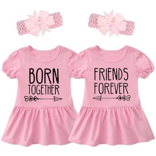 YSCULBUTOL Baby Twins Bodysuit Born Together Friend Forever Girl Outfits Sister Dresses Infant Romper With Headband