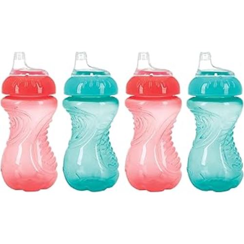 Nuby 4 Piece No Spill Easy Grip Trainer Cup 10 oz (Coral & Aqua)