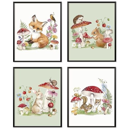 Locomiss Mushroom Forest Animals Wall Art Decor, Cottagecore Mushroom Fox Squirrel Bunny Hedgehog Botanical Prints Posters for Home Bedroom Kids Room Nursery Playroom Decor, Set of 4, 8x10 Unframed