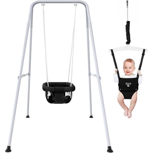 2 in 1 Baby Jumper with Swing - Indoor and Outdoor Use, Baby Jumpers and Bouncers, Toddler Swing with Foldable Stand（Black）