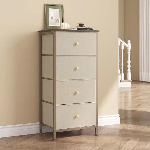DUMOS Night Stand with 4 Fabric Drawers, Bedside Table for Bedroom