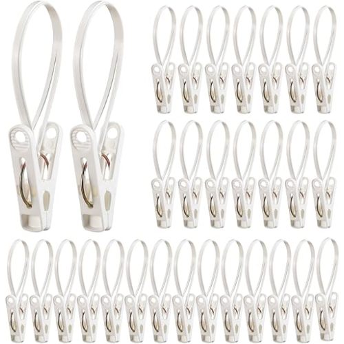 Honeydak 30 Pack Multi-Purpose Laundry Hooks Hanging Clips Bulk with Plastic Rope Hanger Clips for Baby Clothes Closet Organizer for Pants Hat Sock Boot Bra Towel Bathroom Wardrobe (White)