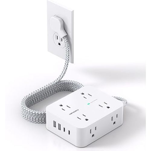 Flat Plug Extension Cord with Multiple Outlets, 1080J Surge Protector Power Strip with 8 AC Outlets and 4 USB Ports (2 USB-C), 3-Sided Outlet Extender, Ideal for Home, Office, Dorm Room Essentials