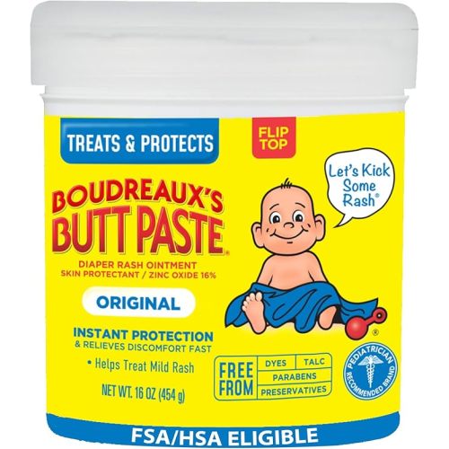 Boudreaux's Butt Paste Original Diaper Rash Cream, Ointment for Baby, 16 oz Flip-Top Jar
