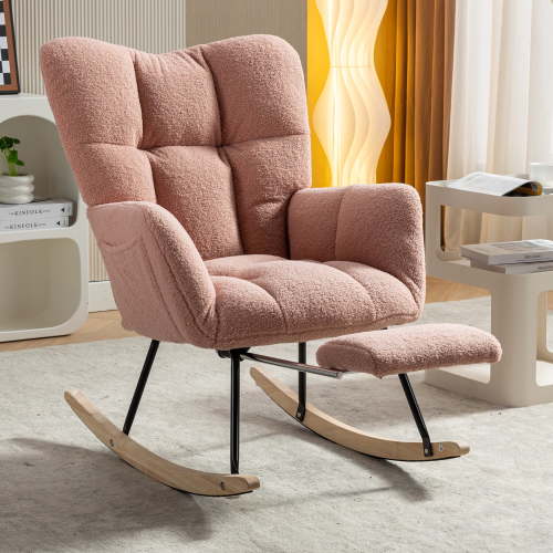 JXXRZ Nursery Rocking Chair with Footrest, Oversized Teddy Plush Rocker & Modern Upholstered High Back, Pink