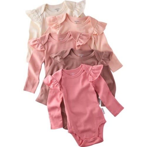 Ashley Ruffle Long Sleeve Organic Cotton Assorted 5-Pack Bodysuits, 12M