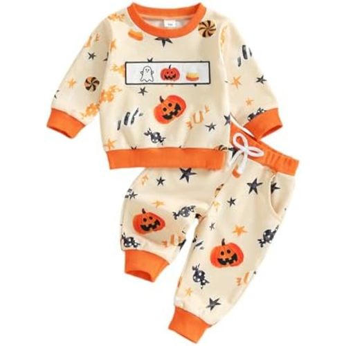Toddler Baby Boy Halloween Outfit Pumpkin Print Long Sleeve Sweatshirt Long Pants 2Pcs Halloween Clothes Set