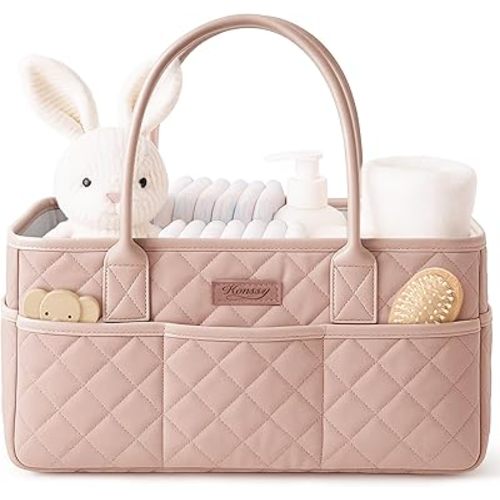 Konssy Quilted Diaper Caddy Organizer, Diaper Caddy Basket with Vegan Leather Handles, Portable Nursery Storage Basket, Water-Repellent Car Organizer, Registry Search Must Haves (Blush Pink)