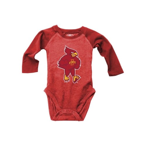 Wes and Willy Iowa State Cyclones Baby CARDINAL Raglan Mascot Long Sleeve Romper - 42150559