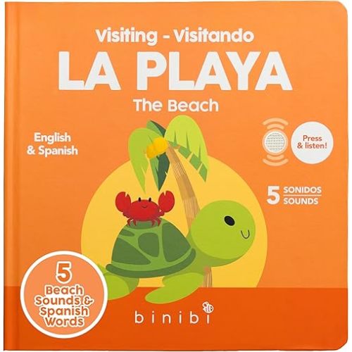 Binibi Spanish Books for Babies & Toddlers 1-3 The Beach Interactive Bilingual Sound Book with Fun Beach Sounds | Bilingual Children's Book | Spanish Learning for Kids