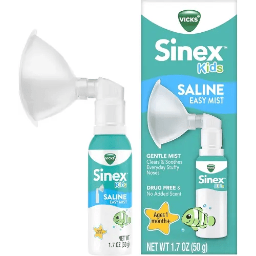 Vicks Sinex Kids Saline Easy Mist, Drug Free Saline, Ages 1 Month+, Gently Clears and Soothes Everyday Stuffy Noses, Safe for Daily Use, 1.7 OZ