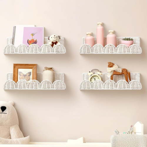 ZENX 4 Pcs White Nursery Book Shelves Rattan Scalloped Floating Bookshelves Wicker Boho Book Shelf for Wall Mounted Decor Nursery Rooms Hanging