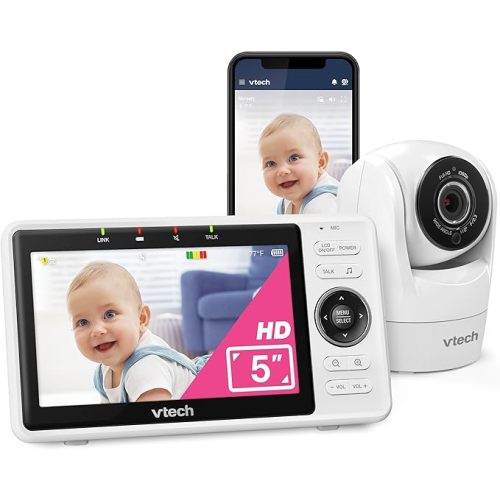 VTech Smart WiFi Baby Monitor – See Your Baby at Home or from Anywhere, Free App, 1080p Camera, 5" Screen, Pan-Tilt-Zoom, Night Vision, Two-Way Talk | VM901